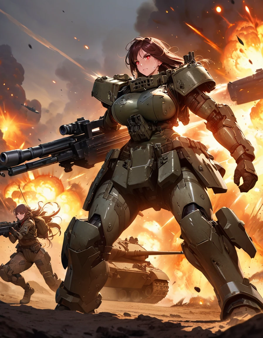 Young beautiful woman,(Highest quality,Extremely detailed depiction,Incredibly absurd high resolution,Anatomically accurate depiction),(Glowing Skin,Shiny skin),(Personification of a tank:1.5,Tank Girl,Panther Tank,Main gun,Battle suit with armor plates),(eyelash,Red eyes,Large Breasts,Sweat),background:battlefield,explosion,Anime Art