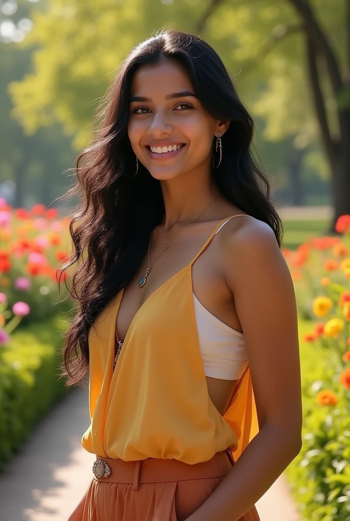 "A photorealistic portrait of a24-year-old Indian woman with flowing black hair and warm brown eyes, dressed in a stylish and modern outfit, posing gracefully in a vibrant park. The scene is captured in full body shot, her confident stance next to colorful flowers and green foliage, 8k hdr, high detailed, lot of details, high quality, her expression is cheerful and inviting, illuminated by the soft light of the afternoon sun."