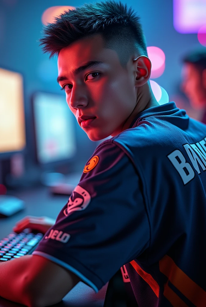 A young man gamer, buzz cut hair, wearing esports jersy with a name of "Kobekillua26" at the back