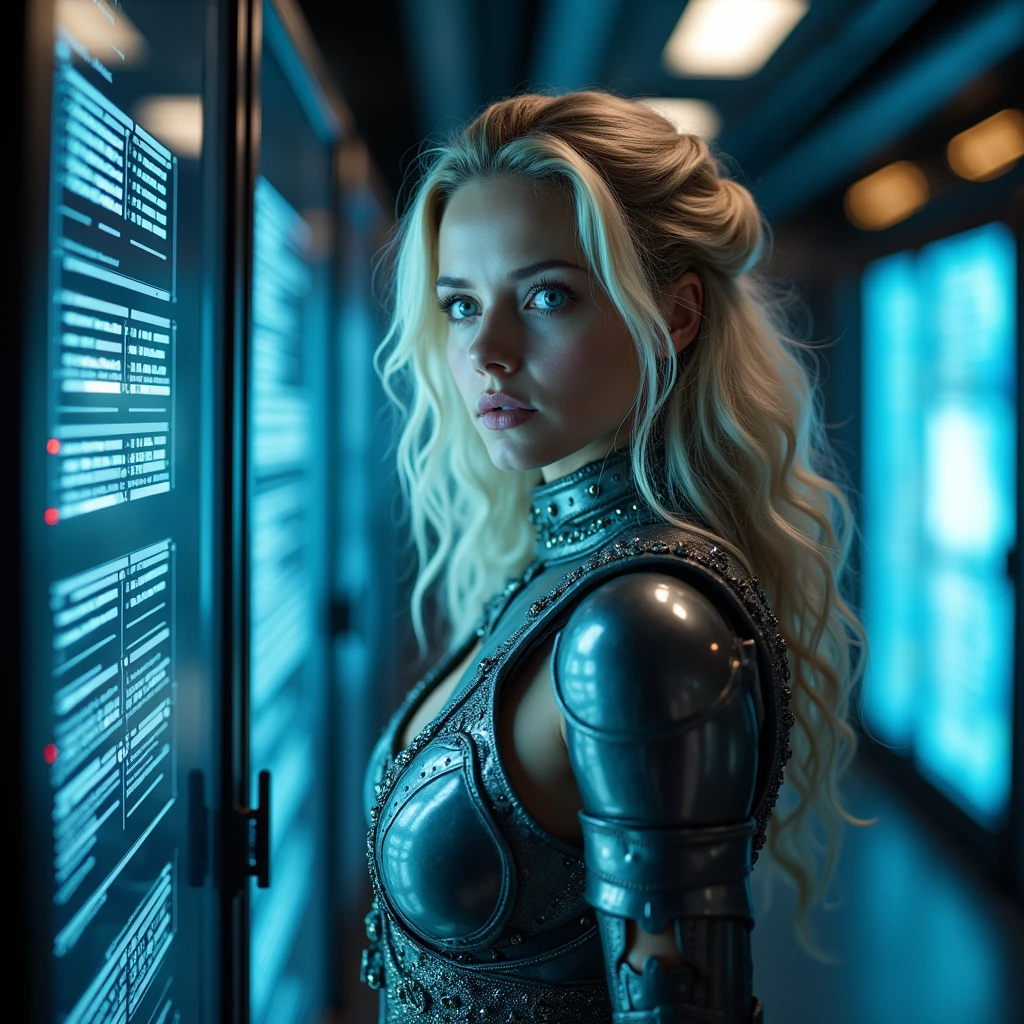 Standing In a control room with servers, a woman looks at a transparent screen, a woman 30 years old white woman she has wavy hair, she has very blond hair, blue eyes, slim face and nose, slim, wearing a futurist long royal dress, mix of armor and dress, intense gazing eyes, ultra-resolution, intricately detailed, medium shot, low angle,