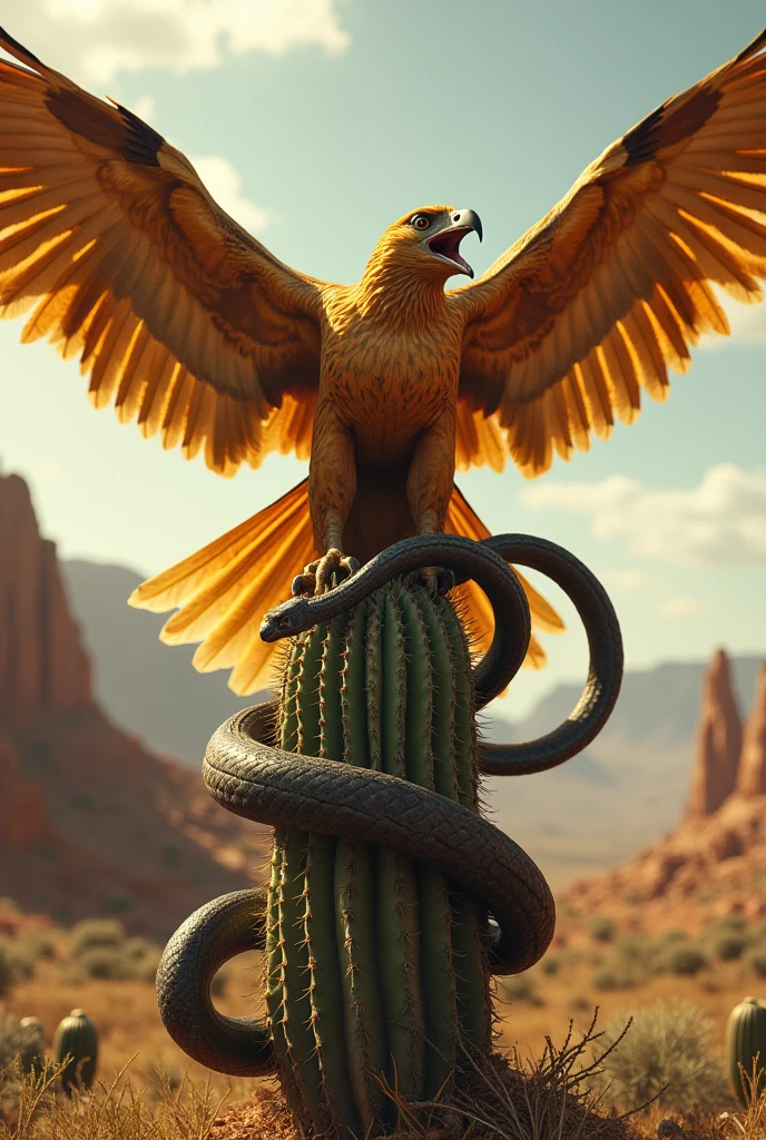 A golden eagle with open wings devouring a snake perched on a cactus.