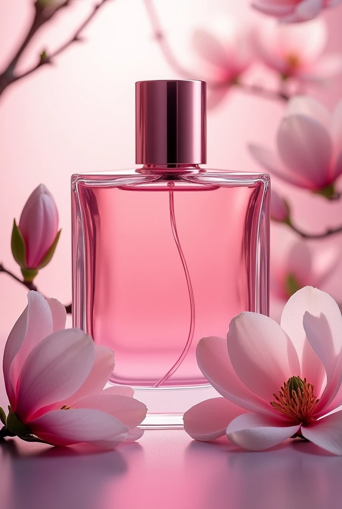 Unique perfume , with critical notes, unique and elegant design, pink color with unique combinations , with magnolia flowers around the glass