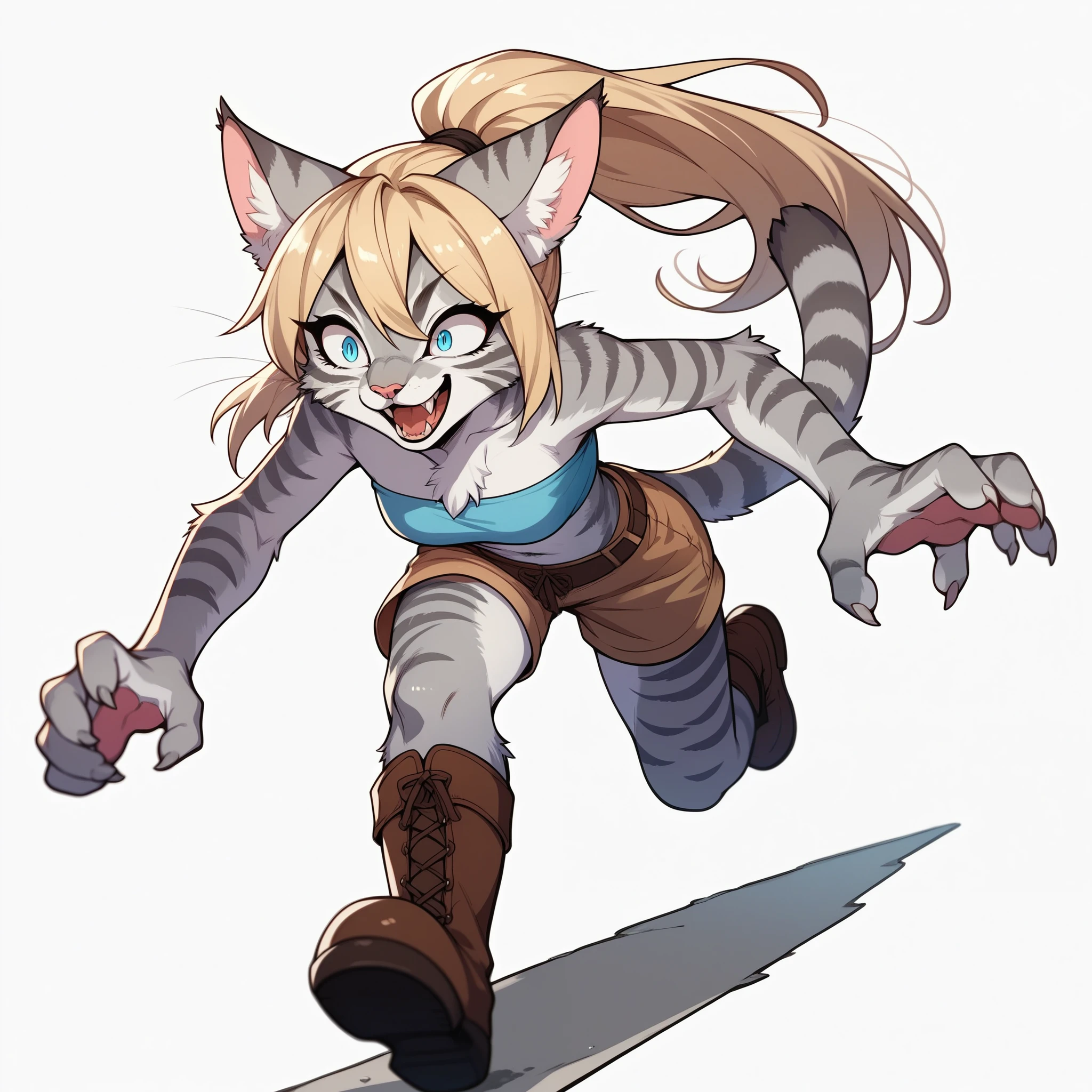 score_9,score_8_up,score_7_up, score_6_up, score_5_up, source_anime, kemono style, Kat, female Anthro furry feline, silver fur, grey stripes on body, constricted eyes, blue eyes, long blonde hair, hair in a ponytail, pink nose, :3, she is wearing blue bandeau, brown short shorts, brown boots, running,  pouncing, claws out, attacking pounce, black slotted pupils, big smile, feline teeth, full body shot, full body in frame, white background, looking away, laughing maniacally,