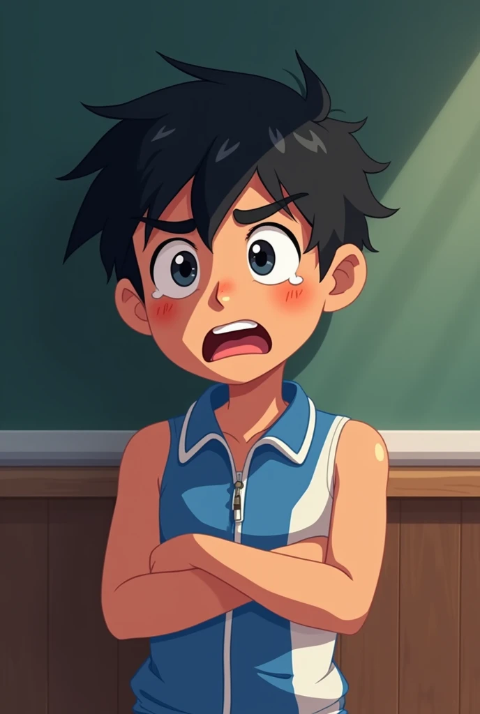 Flat 2d Animation,(highest quality,Cowboy shot:1.2),(perfect beautiful face:1.2),(perfect and beautiful posture:1.2),((Solo boy:1.2)),(messy short cut hair), (confused:1.3,embarrassed:1.5), (shyness:1.1),(Sweaty, sunburned skin),(open mouth:1.3),Looking at viewer,classroom,window with black Night sky:1.3,((scared expression,constricted pupils:1.3,tears)),White blue Track uniform Buruma,black hair,(flat chest),double Peace sign,fake smile:1.3,standing,(tall and thick),midriff baring,