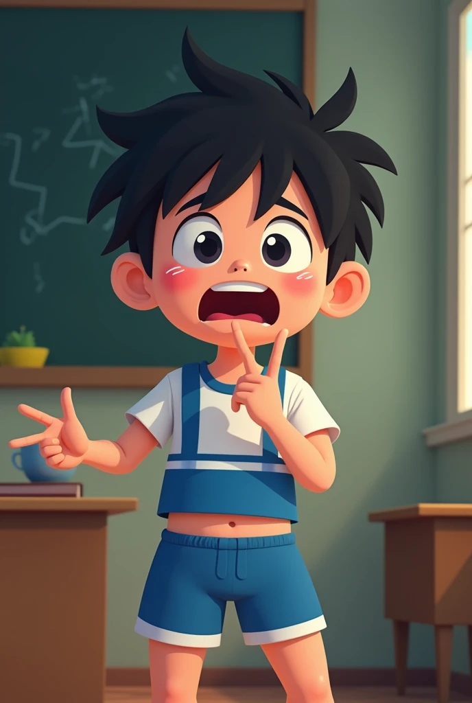 Flat 2d Animation,(highest quality,Cowboy shot:1.2),(perfect beautiful face:1.2),(perfect and beautiful posture:1.2),((Solo boy:1.2)),(messy short cut hair), (confused:1.3,embarrassed:1.5), (shyness:1.1),(Sweaty, sunburned skin),(open mouth:1.3),Looking at viewer,classroom,window with black Night sky:1.3,((scared expression,constricted pupils:1.3,tears)),White blue Track uniform Buruma,black hair,(flat chest),double Peace sign,fake smile:1.3,standing,(tall and thick),midriff baring,