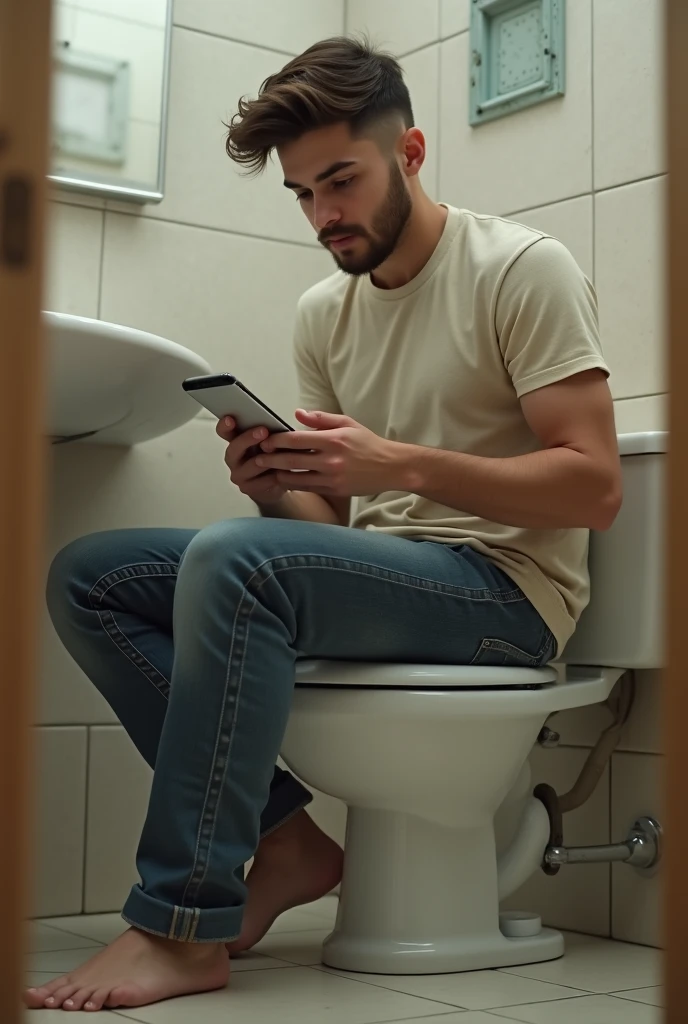 Young Man pooping while playing phone in bathroom look it more ai generated 
