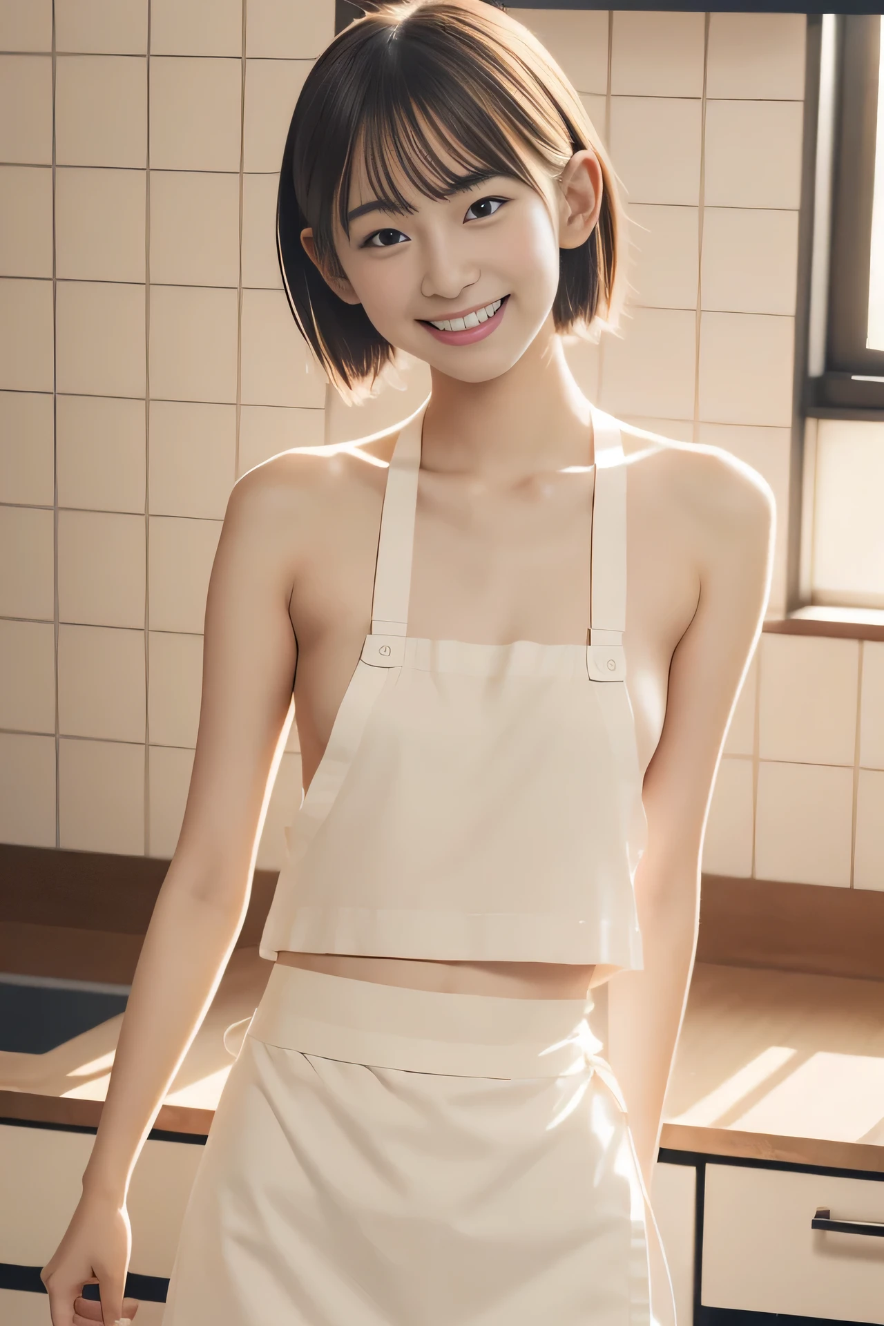 high resolution, RAW photo, photorealistic, extremely delicate and beautiful, extremely detailed, finely detail, extremely detailed CG unity 8k wallpaper, ultra-detailed, (best quality, 8k, 32k, masterpiece, UHD:1.2), Photo of yo erotic cute Japanese model, standing in the kitchen naked apron, Charming look, charming figure, delicate body shape, short hair, slim, skinny, flat chest, Young Sensual Gravure Idol, Young thin gravure idol, Young Pretty Gravure Idol, Young Gravure Idol, Realistic Young Gravure Idol, Japanese Models, sophisticated gravure idol, smile, grin, teeth, (upper body:1.2),