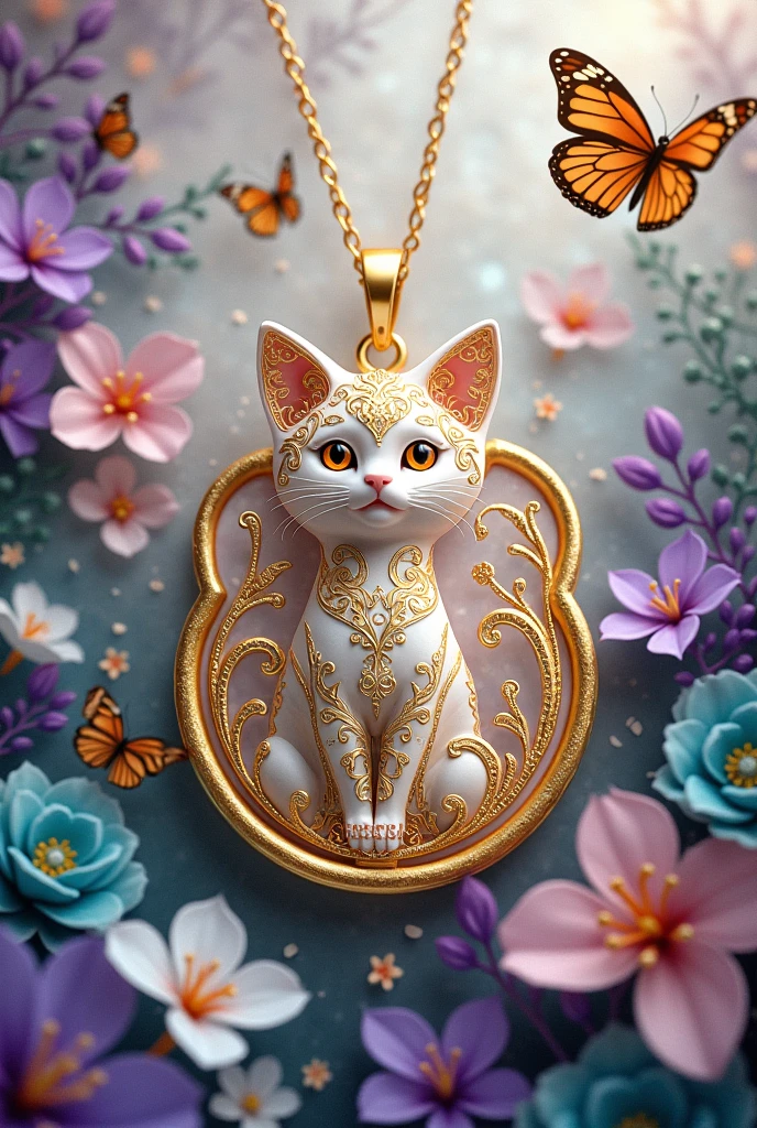 Contemporary mother of pearl image with gold charm depicting a decorative cat adorned with intricate gold designs and patterns, staring at the beautiful butterflies flying in the middle of the lush flora, purple, light blue, green, light pink, Blue Source.displays "APRILIA" guess capital font