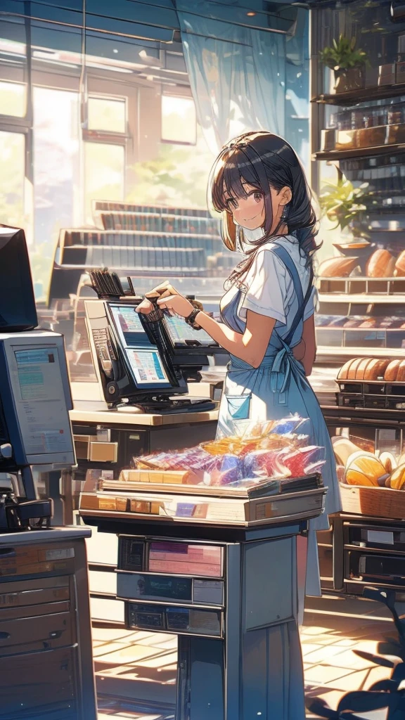 young woman,Facing forward,smile,((Standing inside the cash register)),Touching the cash register machine,Customer Service,((There is a cash register on the table)),(Scanning product barcodes at the cash register)),Supermarket clerk,Wearing an apron,uniform,((Working as a cashier)),((Cashier)),((cashier,register,)),((Receive money from customers)),There are products on the shelves,In the supermarket,Bright interior,grocery store