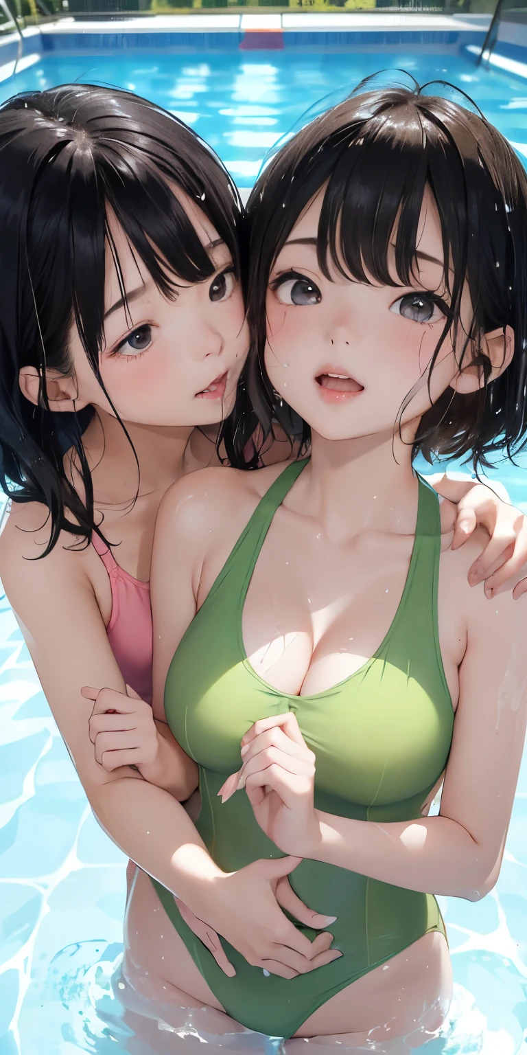 (8  girl kissing、)Licking fingers、Black Hair、(See through)、Breast enlargement background outdoor pool、(My body is soaked..5)、Long wavy hair and super short bob hair、Realistically、(Two 8歳の女の子s hugging each other, ((Gross 5.5))(She is wearing a light green swimsuit.)，，Accentuate your cleavage，Looking up from below，blush，moist pink lips，sexy，Own，Please open your mouth wide、Place your arms behind your head、