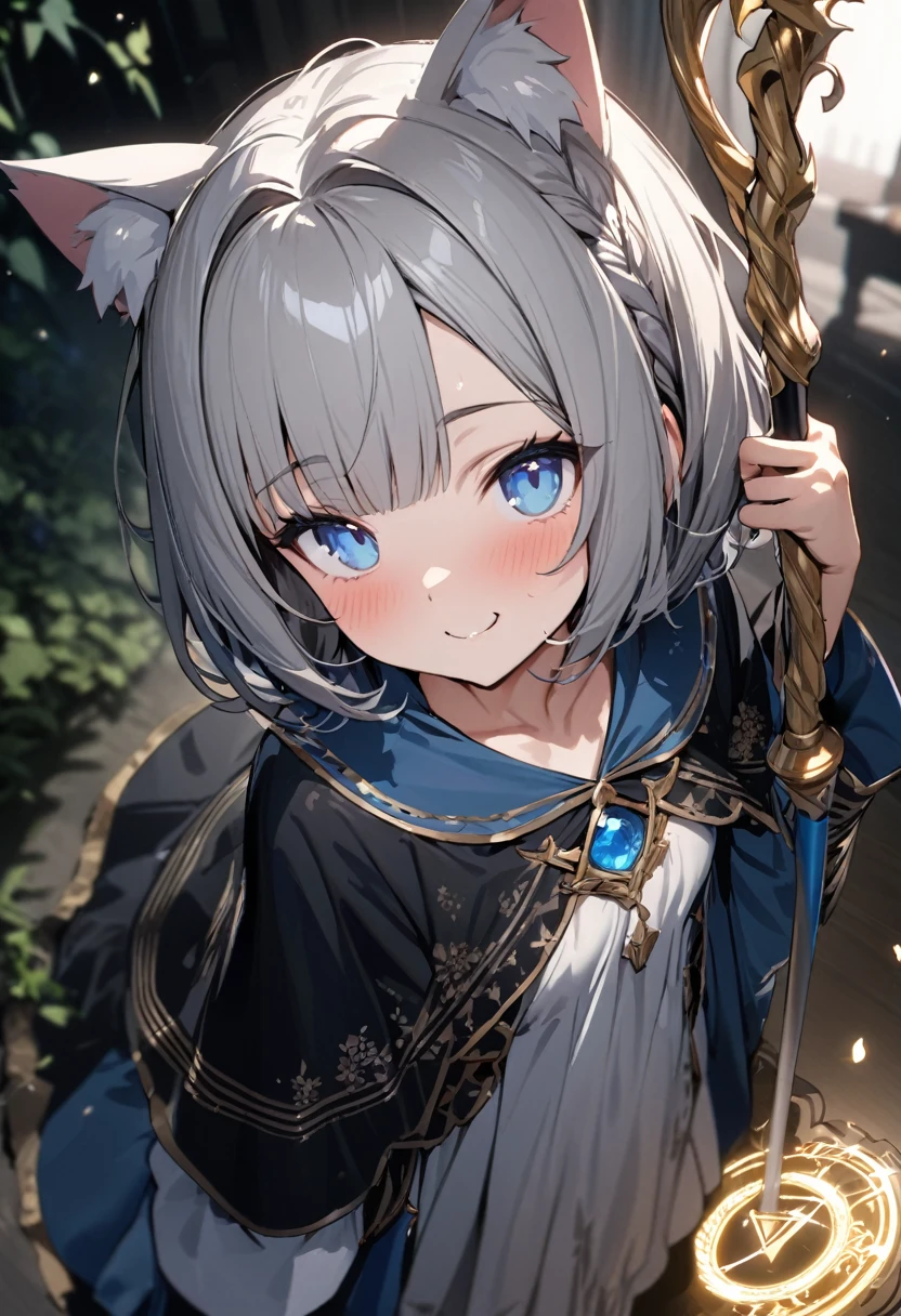 、、s old、silver bob hair, 1 girl, (((best quality)), ((masterpiece)), (details), masterpiece, best quality, high quality, super detailed, perfect face, ((1 girl, Blue eyes, Cat ears: 1.3 silver bob: 2.5,)),Shiny Hair、smile、Alluring expression、Lustful、Perfect Face、 1girl、Water Attribute Witch's Hat、Water Attribute Witch's Outfit、Long skirt、Long Water Attribute Magic Staff、Robe、Golden Delicate Embroidery、White boots、Background of a Dark Forest at Night、Light Blue Magic Circle Effect、magic circle