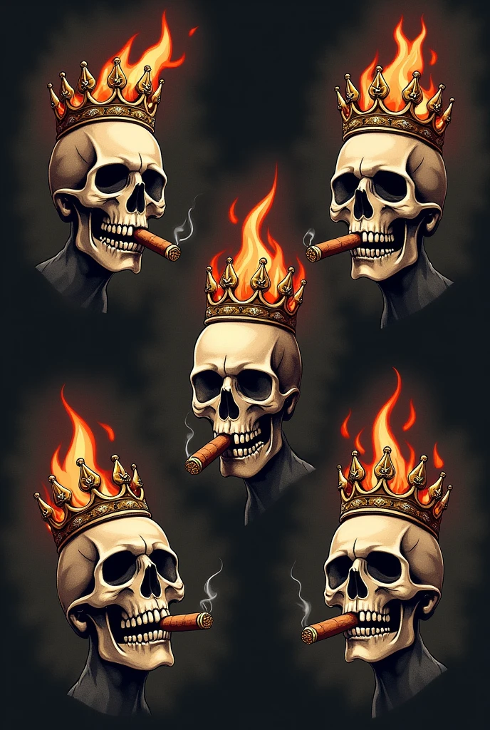 Create 5 tattoos of a small skull smoking a cigar and wearing a crown with fire 