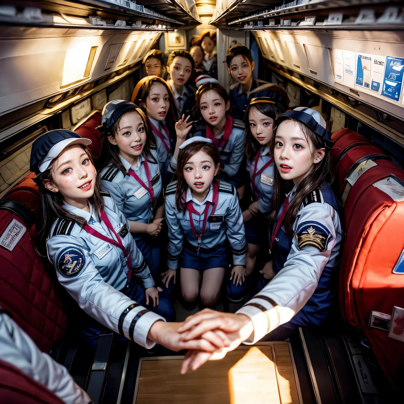 SFW, ExtremelyDetailed (((Air crew group in Kidza:1.4))), Childish perfect face, Reflective Eyes, Detailed(Delicate Clothing textures), Corrected Leg to Foot Line, Dynamic Joyful Expressions LifeLike Rendering, ((Specular Reflection:1.28)), TopQuality 8K Ultra-detailed masterpiece (ProfessionalPhoto:1.37)(Acutance:0.8),(Luminism),(Exposed:0.28)