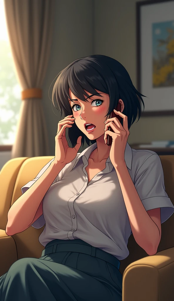 ((A middle-aged woman with short hair)),Elderly,in the room,Sitting on the sofa,Black Hair,Answering the phone,Greedy expression,Japanese anime style