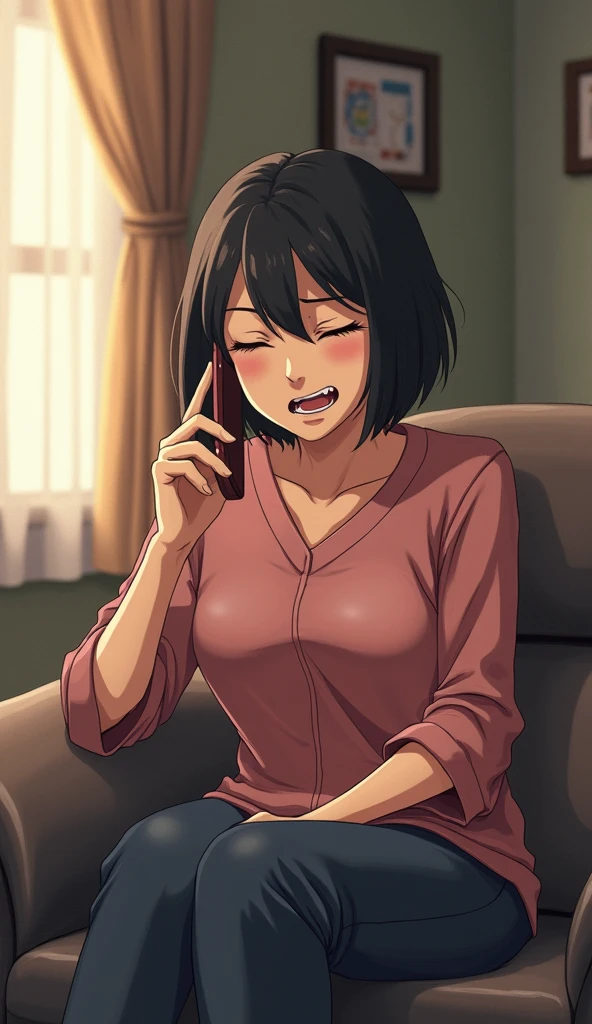 ((A middle-aged woman with short hair)),Elderly,in the room,Sitting on the sofa,Black Hair,Answering the phone,Greedy expression,Japanese anime style