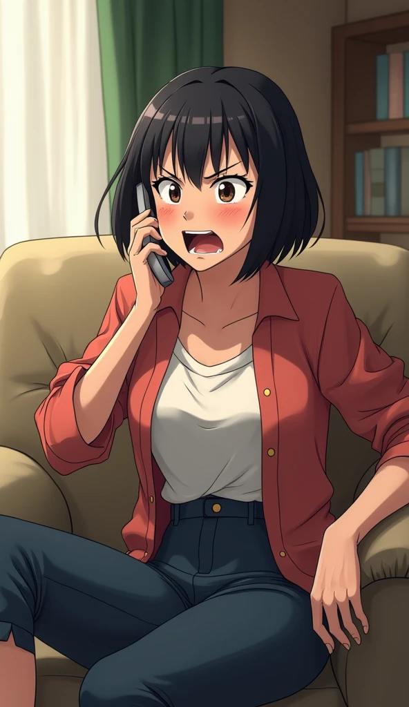 ((A middle-aged woman with short hair)),Elderly,in the room,Sitting on the sofa,Black Hair,Answering the phone,Greedy expression,Japanese anime style