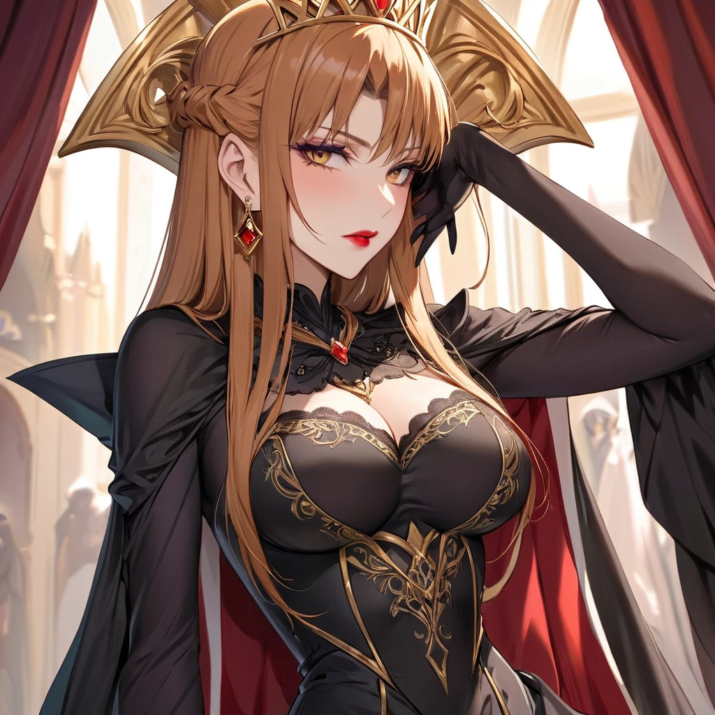 ((Highest quality)), ((masterpiece)), (detailed), (Perfect Face)、The woman is the evil queen Grimhild, Yuki Asuna, with bright brown hair in a semi-long style, wearing lipstick, thick eyeshadow, and heavy makeup.、The woman is dressed as an evil queen, wearing a black Victorian dress with luxurious gold embroidery and trim, a black cowl fitted over her face, luxurious earrings, adorned with lavish accessories, and a magnificent golden crown. She is a beautiful and evil queen, standing and reigning in front of a magnificent throne. She possesses majesty, elegance, and grace, with a stunning figure and a captivatingly alluring beauty, making her an absolutely stunning woman.
