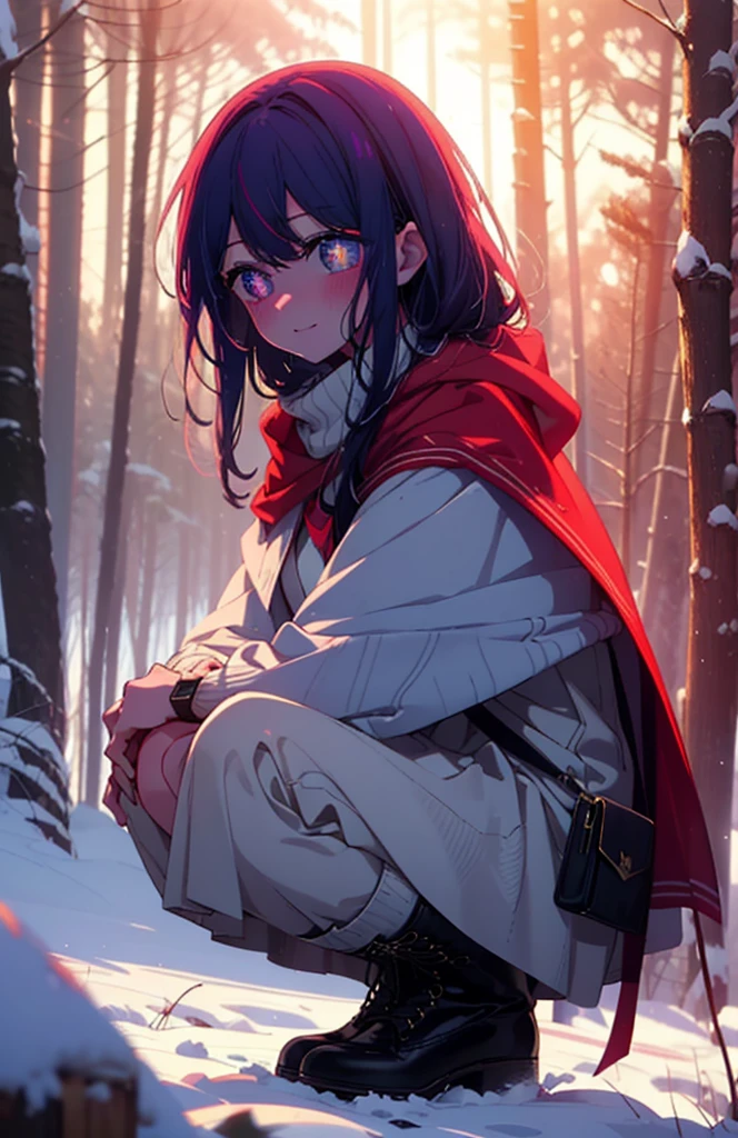 aihoshino, Ai Hoshino, Long Hair, bangs, (Purple eyes:1.1), Purple Hair, (Symbol-shaped pupil:1.5), smile,,smile,blush,white breath,
Open your mouth,snow,Ground bonfire, Outdoor, boots, snowing, From the side, wood, suitcase, Cape, Blurred, , forest, White handbag, nature,  Squat, Mouth closed, Cape, winter, Written boundary depth, Black shoes, red Cape break looking at viewer, Upper Body, whole body, break Outdoor, forest, nature, break (masterpiece:1.2), Highest quality, High resolution, unity 8k wallpaper, (shape:0.8), (Beautiful and beautiful eyes:1.6), Highly detailed face, Perfect lighting, Highly detailed CG, (Perfect hands, Perfect Anatomy),