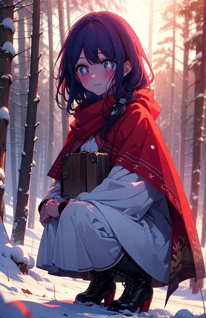 aihoshino, Ai Hoshino, Long Hair, bangs, (Purple eyes:1.1), Purple Hair, (Symbol-shaped pupil:1.5), smile,,smile,blush,white breath,
Open your mouth,snow,Ground bonfire, Outdoor, boots, snowing, From the side, wood, suitcase, Cape, Blurred, , forest, White handbag, nature,  Squat, Mouth closed, Cape, winter, Written boundary depth, Black shoes, red Cape break looking at viewer, Upper Body, whole body, break Outdoor, forest, nature, break (masterpiece:1.2), Highest quality, High resolution, unity 8k wallpaper, (shape:0.8), (Beautiful and beautiful eyes:1.6), Highly detailed face, Perfect lighting, Highly detailed CG, (Perfect hands, Perfect Anatomy),