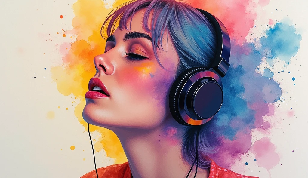 high quality, masterpiece, watercolor, Wash technique, colorful, Dripping and splattering paint, Paintings like Agnes Cecil, Blurred, Pale touch, Blurred輪郭, Fairytale-like, Woman listening to music through headphones, Christian, Catholic elements, Bright colors, Attention to detail, Bright colors彩と自然, Luminism, Three-dimensional effect, Enhance beauty, Albert Anker, Luminism, Isoscale, by yukisakura, Amazing full color