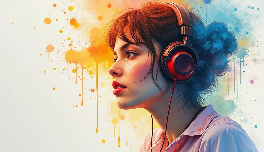 high quality, masterpiece, watercolor, Wash technique, colorful, Dripping and splattering paint, Paintings like Agnes Cecil, Blurred, Pale touch, Blurred輪郭, Fairytale-like, Woman listening to music through headphones, Christian, Catholic elements, Bright colors, Attention to detail, Bright colors彩と自然, Luminism, Three-dimensional effect, Enhance beauty, Albert Anker, Luminism, Isoscale, by yukisakura, Amazing full color