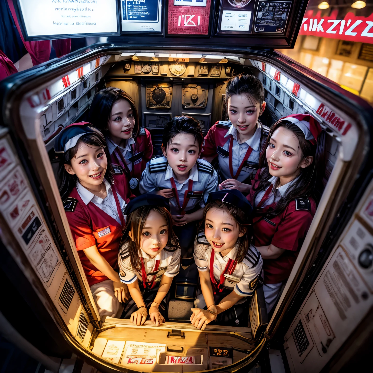 SFW,  ExtremelyDetailed (((Air crew Kids group in Kidzania:1.4))), Childish perfect face, Reflective Eyes, Detailed(Delicate Clothing textures), Corrected Leg to Foot Line, Dynamic Joyful Expressions LifeLike Rendering, ((Specular Reflection:1.28)), TopQuality 8K Ultra-detailed masterpiece (ProfessionalPhoto:1.37)(Acutance:0.8),(Luminism),(Exposed:0.28)