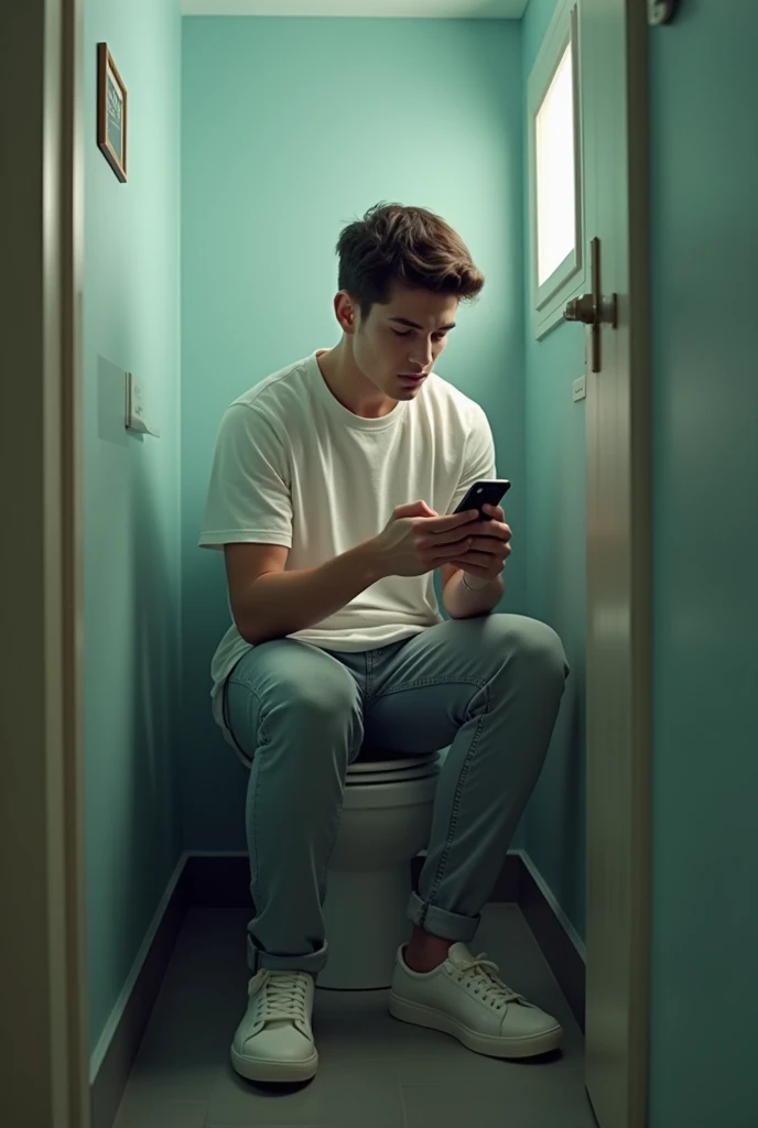 Young Man pooping while playing phone in bathroom make it more ai generated rather than a real person