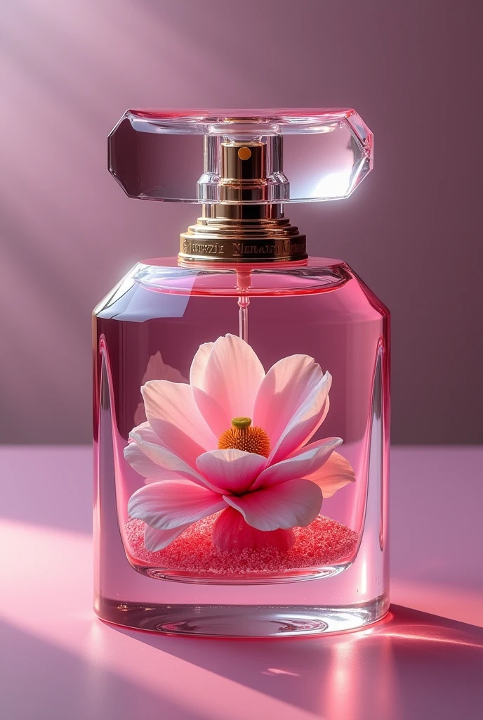 Unique perfume , with critical notes, unique and elegant design, pink color with unique combinations , with magnolia flowers inside the glass