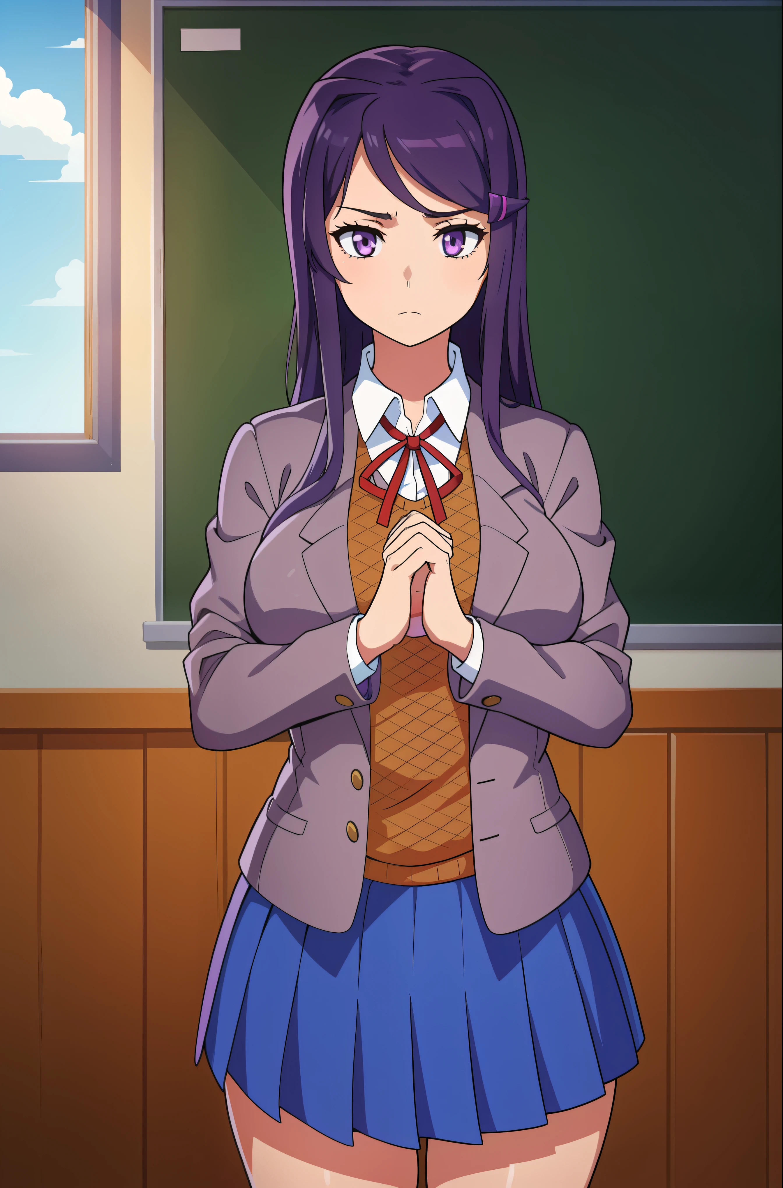 2d, masterpiece, best quality, anime, highly detailed, cowboy shot, 1girl, solo, yuri, purple eyes, purple hair, long hair, hairclip, [[large breasts]], school uniform, blazer, brown sweater, collared shirt, neck ribbon, blue skirt, standing, own hands together, expressionless, classroom 