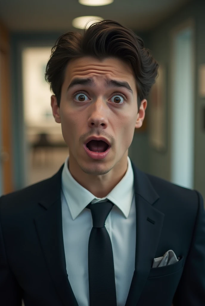 A startled young man in a suit