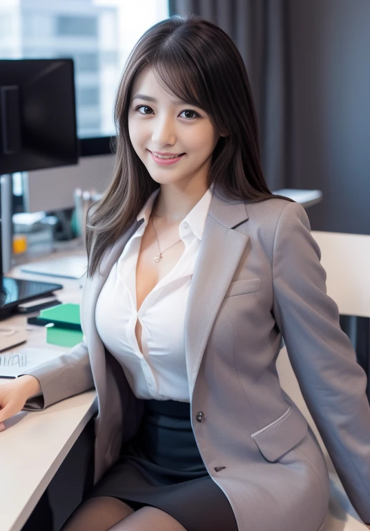 (Highly detailed CG Unity 8K wallpapers, Highest quality, Very detailed, Looking at the camera:1.2, The light shines on your face:1.5, Gray background, Professional Lighting), Upper Body, 20-year-old Japanese female paralegal. Hair length is medium, dark, Back to practical style; Oval face and well-defined eyebrows, Intelligent almond-shaped eyes, Straight nose, and a gentle tone. Outfit includes a tailored blazer, Crisp white shirt, discreet pendant necklace, It symbolizes her efficient and focused personality., front, Mid Shot, smile, mini skirt, pantyhose, High heels, Perfect beauty, office worker, ((Perfect beauty)), Slim legs,