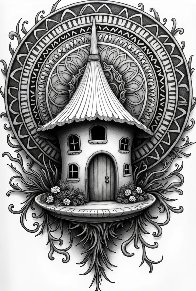 Fairy house pages no color mandala background black and white