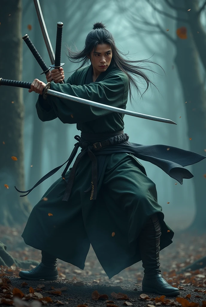 ((best quality)), ((masterpiece)), (detailed), 1man, 19 year old, long hair, cool style, asian face, 4 katana, sword fighting style, dark background, accurate, long view, smoke, forest