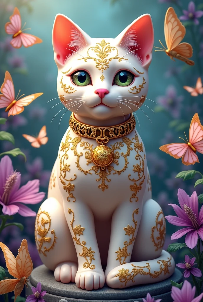 Contemporary mother of pearl image with gold charm depicting a decorative cat adorned with intricate gold designs and patterns, staring at the beautiful butterflies flying in the middle of the lush flora, purple, light blue, green, light pink, Blue Source.displays "APRILIA" guess capital font