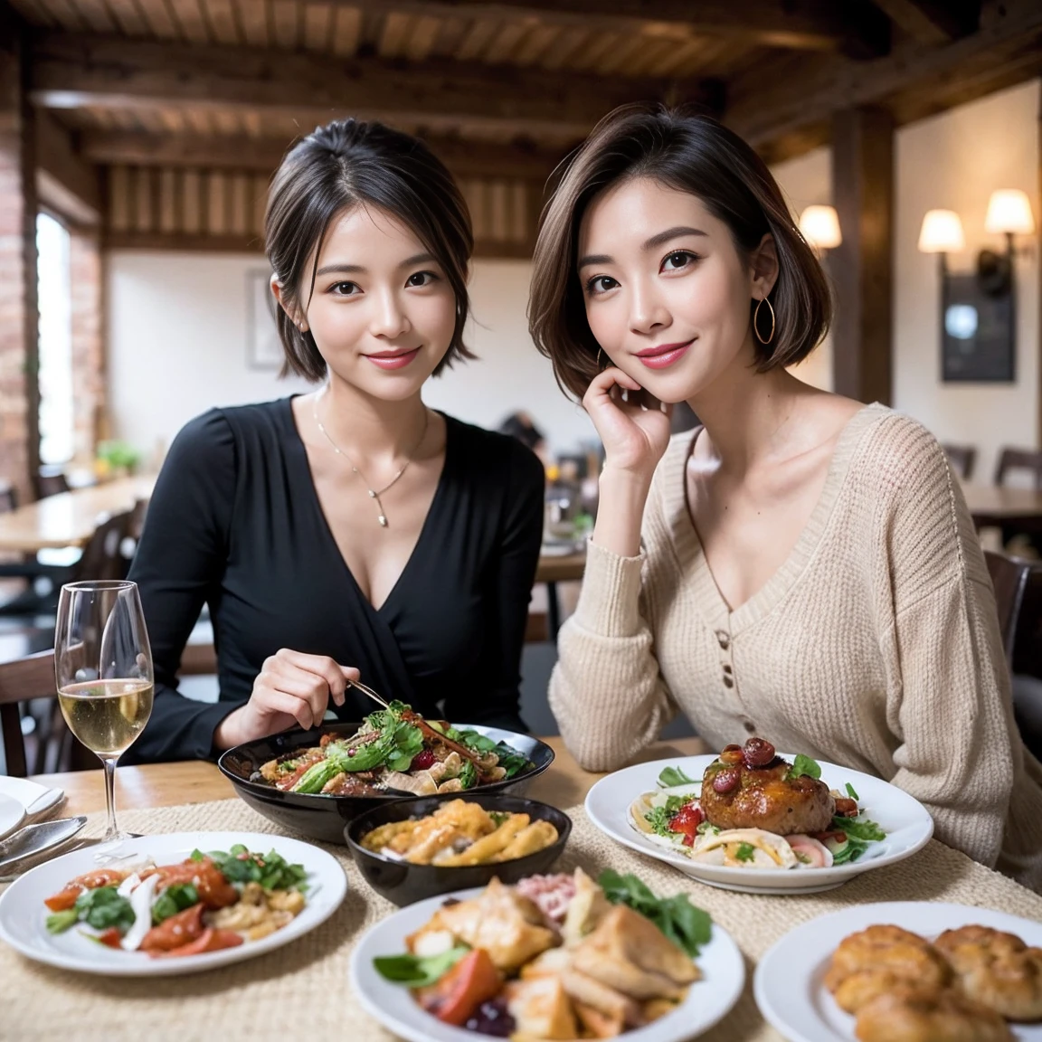 (Realistic:1.1),(masterpiece,Highest quality),8k,(49 years old), 53 years old, ベリーslimボディ、slimカップル、Tight waist,Upper Body,full-course dinner、wine 、Amazing view of the sunset sky and clouds、Perfect Anatomy, Brown Hair, short hair,Random Hairstyles,((Highly detailed face and eyes:1.2)),Perfect golden ratio face,Long sleeve shirt、dress,(smile:1.2)、Shortcuts、cute、(Realistic, Intricate details:1.2), A bright smile、short hair,Bright Face、赤wine 、Appetizers、Italian food、wine bottle、Champagne、スパークリングwine、(slimな顔), (The body is slim), (Brown Hair), (Shortcuts), Upper Body, 白wine, slim, wineグラス,