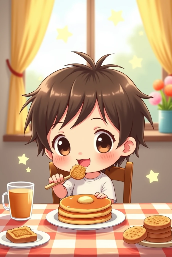 Chibi drawing of a child eating breakfast