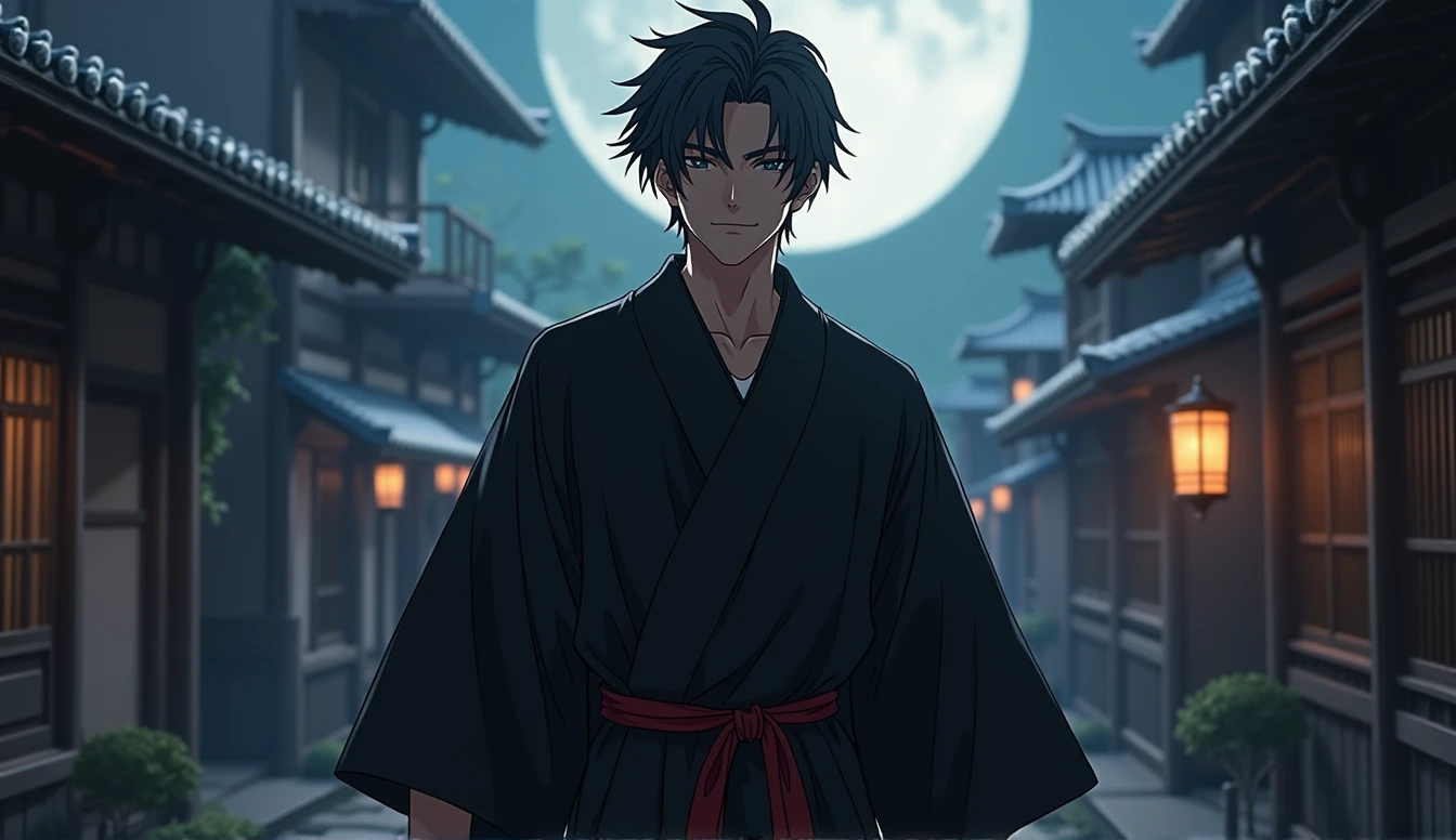 One Man in the Night City、Alluring Handsome Youth、30s、With a dark, brooding aura、Sophisticated and cynical、Black Hair、Dark Eyes、Black kimono、smart、slim、A fearless smile、Moon Night、Suspicious atmosphere、Traditional Kyoto cityscape、high resolution、Amazing Image、High Precision、High quality、Like the Latest Final Fantasy、Biologically correct、High Reality、Cinematic、Immersive Backgrounds、Breathtaking views、the best１Sheet、Decisive moment、