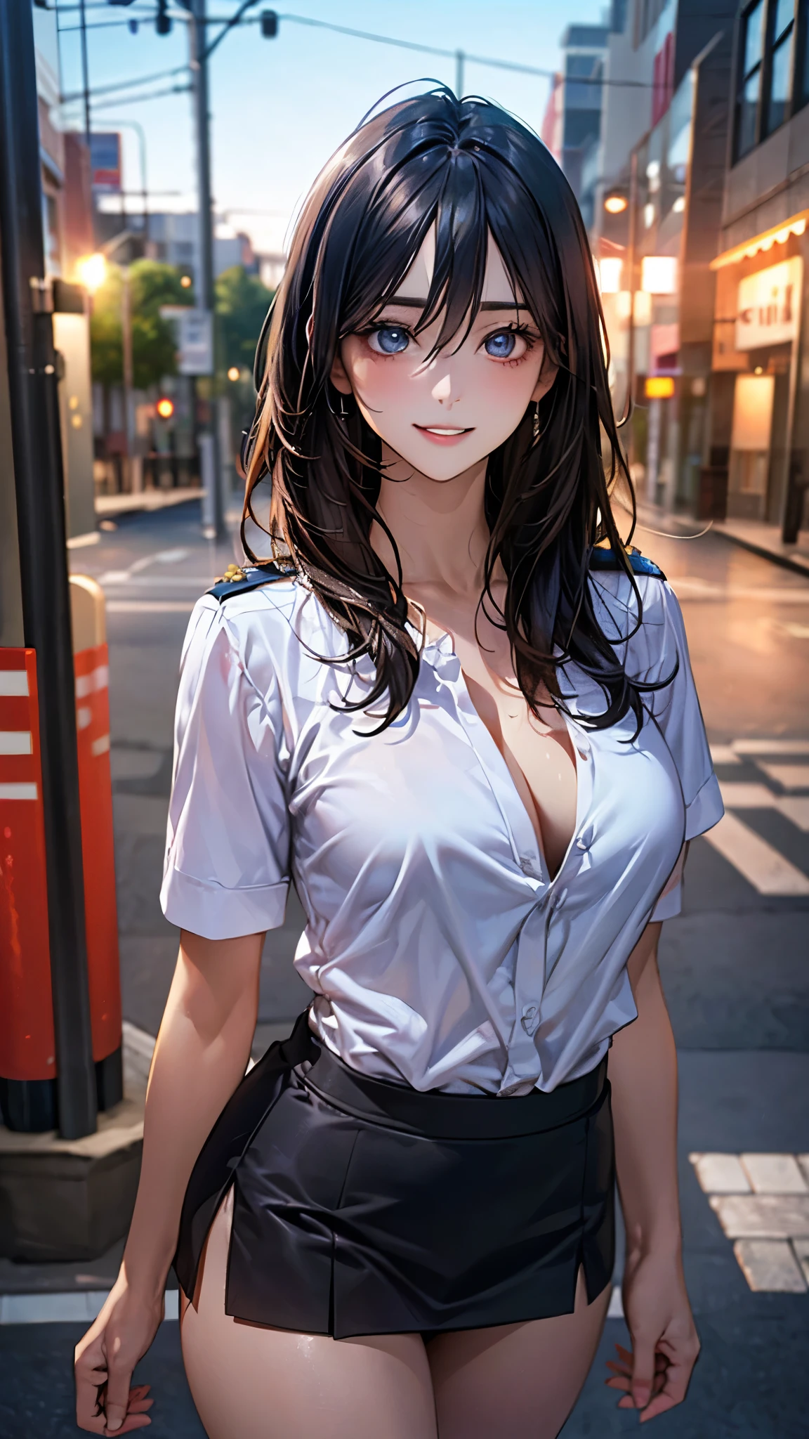 (masterpiece:1.2, top-quality), (realistic, photorealistic:1.4), beautiful illustration, (natural side lighting, movie lighting), depth of fields, ,
beautiful detailed hair, beautiful detailed face, beautiful detailed eyes, beautiful clavicle, beautiful body, beautiful chest, beautiful thigh, beautiful legs,
looking at viewer, 1 girl, 12 years old, (perfect anatomy, anatomically correct, super detailed skin), cute and symmetrical face, perfect face, perfect eyes,
(long hair, straight hair, black hair), hair between eyes, blue eyes, long eye lasher, (large breasts, seductive thighs), perfect body, shiny skin, pink skin,
(police uniform, short skirt),
(beautiful scenery), evening, (city, street), sexy posture, (cute smile, parted lips),