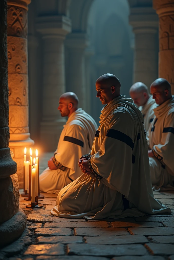 Teutonic Knights kneel in the Temple of Jerusalem、Praying、Lit by candlelight、night ((Anatomically correct,Surrealism, uhd, retina, accurate, anatomically correct, textured skin, super detail, high details, best quality, 8k))