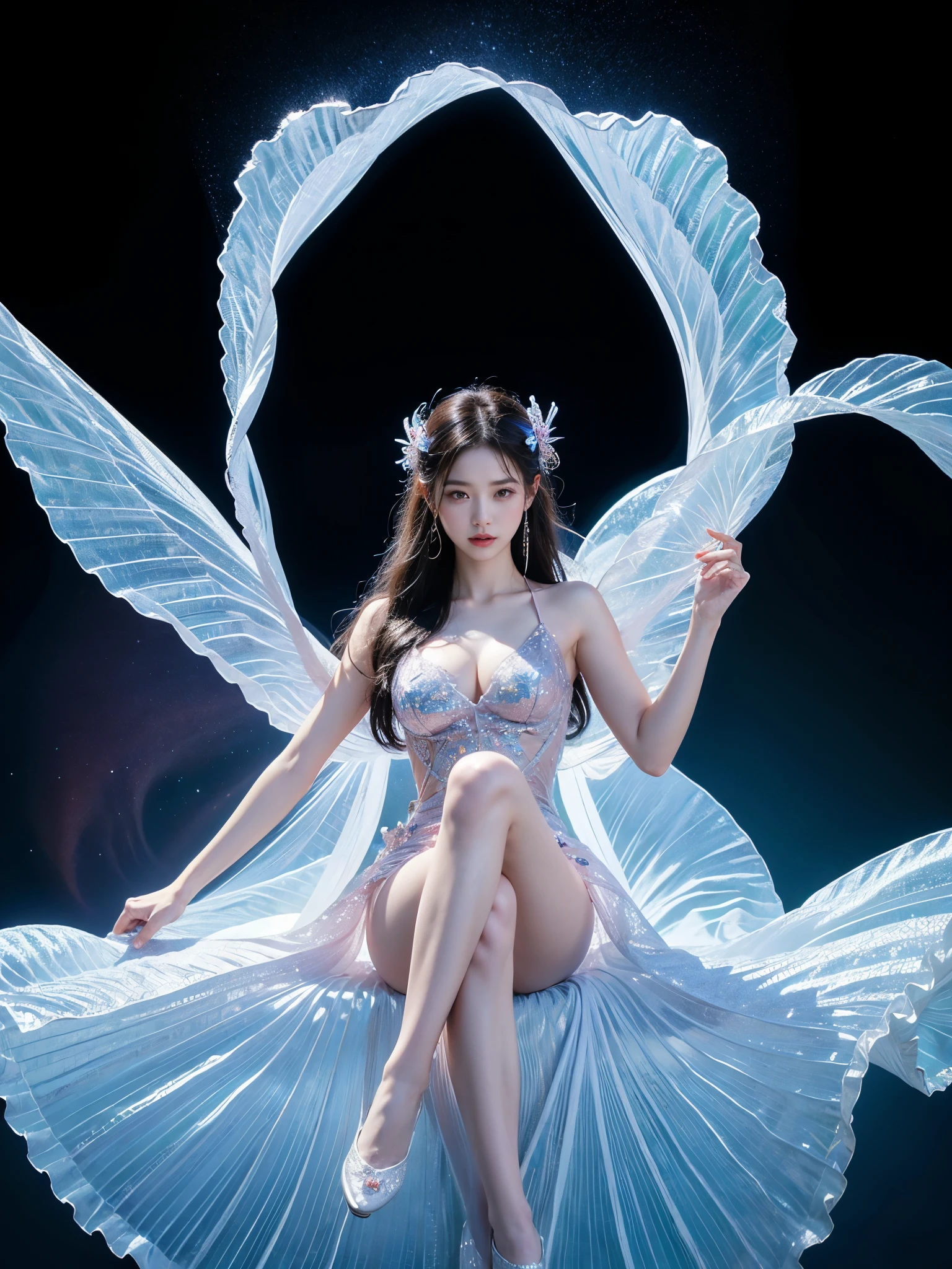 dress,wings,fairy, Beautiful dance dynamics, Sitting，Long legs , ((Flowing long hair))Official Art , Unity8k Wallpaper , Extremely detailed , Visible cleavage, Pretty and beautiful , Sexy long legs, masterpiece , best quality ,Practical, Very detailed illustrations ,Extremely detailed , Intricate details , Extremely complex and detailed , Very detailed 8KCG wallpaper , Caustics .reflection , Ray Tracing , Devil Theme ,nebula ,Dark aura, Network Effects , (1 Girl)Solitary , 小蓝Butterfly , Dozens of monarch butterflies around , (Blue plasma flame , (insect , Butterfly)) 圣光Butterfly天使 , Butterfly翅膀 , Pastel tones in Rococo style ,Light white and light dark red , Incredibly beautiful , Cherry blossoms , Surrealism ,painting , Ethereal , Mixing reality and fantasy elements ,Ray Tracing , Complex patterns , Delicate lines , Perfect your hands, Starry Sky , rich and colorful , Star