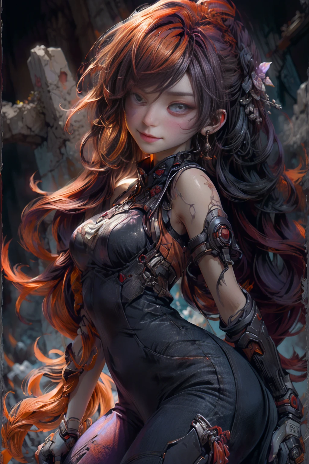 ((plano general, body completo:1.4)), pay attention beautiful woman wearing a cheongsam:1.5 colores aOrangedo, vegetables, yellows ,Beautiful ornaments , The eyes, dark and torn, ((only 1 dark and malevolent woman from the underworld evil smile, squinted eyes:1.3)), body,hermoso body musculoso, fierce expression, holding a gun, (colors in your clothes, warm, Orange, yellow, violet: 1.3), standing in a desolate field, dramatic lighting, intense shadows, sandy texture , High contrast, vibrant colors, dynamic pose, powerful posture, rough background, explosive atmosphere, dystopian theme, surreal elements, digitally painted illustration, high definition resolution, intricate details, dramatic composition, avant-garde and chaotic brushstrokes, Gothic style, intense emotions, Scale epic, raw and gritty feeling, Captivating and provocative works of art...