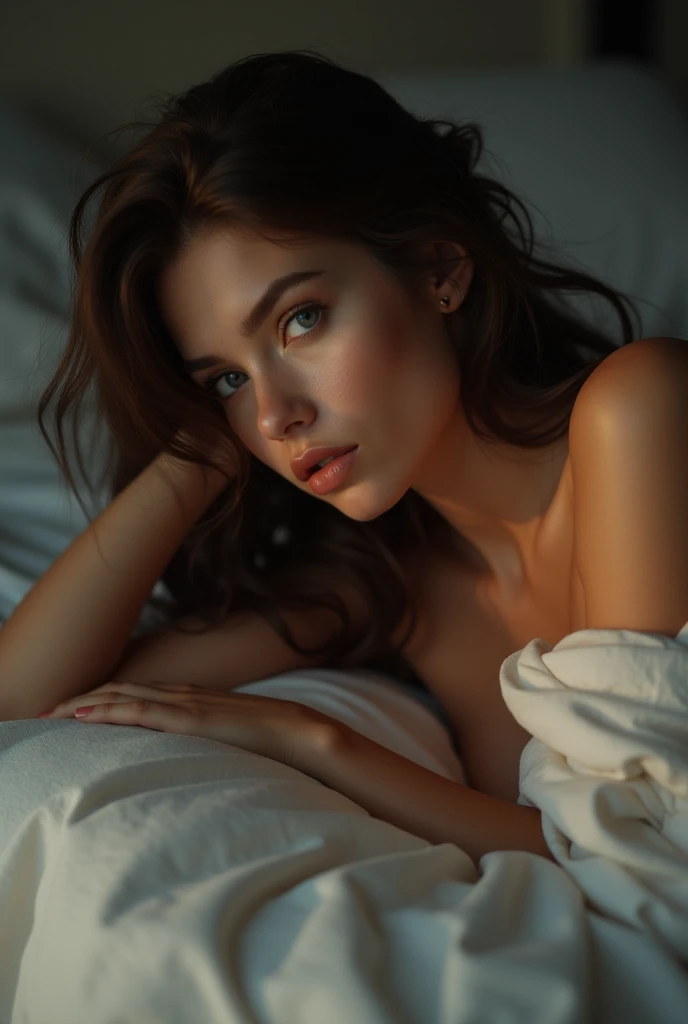 a beautiful girl, , lying on a bed, sensual pose, detailed skin and body, beautiful face, detailed eyes, detailed lips, detailed nose, long eyelashes, glowing skin, soft lighting, romantic mood, chiaroscuro lighting, cinematic lighting, intricate details, hyper-realistic, photorealistic, 8k, masterpiece
