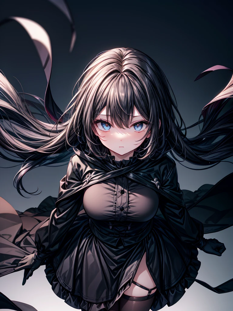 ((Touhou Project)),((masterpiece)),((Highest quality)),((Alluring)),((alone)),((Dark blue pupils)),((Beautiful Blue Eyes)),((wearing a black coat)),((Wearing a black mini skirt,She wears black tights under her skirt)),((A slim body)),((View from above)),((Long, shiny black hair)),((The left eye is completely covered by the bangs)),((I can see my eyes through my hair)),((Wearing black gloves)),(King of the Castle Shrouded in Darkness),((Cold-hearted)),((Complex background)),((Overwhelmingly strong))