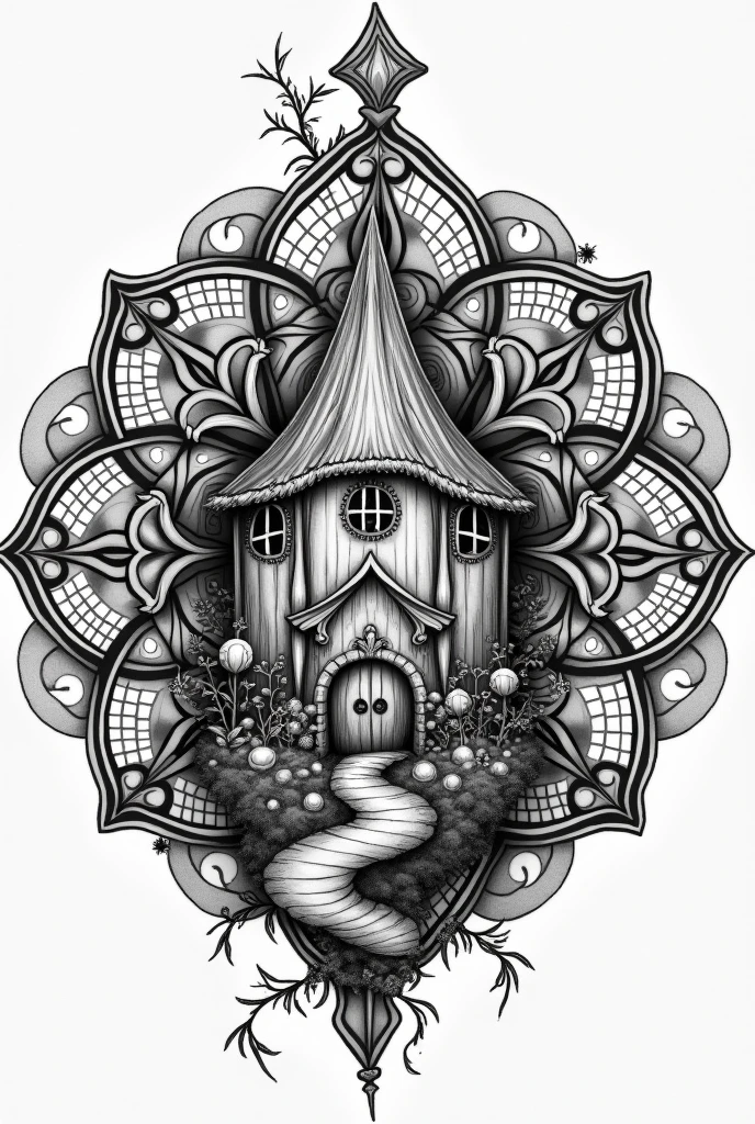 Fairy house pages no color mandala background black and white