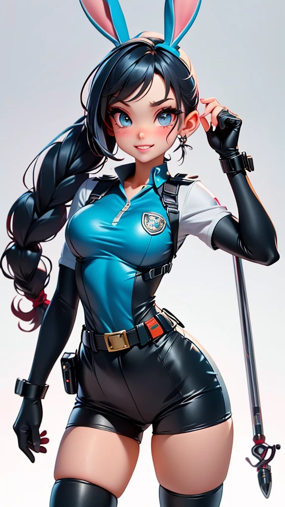 Judy Hopps stands confidently with her back slightly arched, accentuating her round, firm ass. She is wearing her signature ZPD uniform, which clings tightly to her ample curves. Her hips are cocked to one side, and she looks over her shoulder with a playful grin. Her large ears are perked up, and her tail gives a subtle, teasing wiggle. The fabric of her uniform stretches over her muscular thighs, emphasizing the shape of her body.

Judy Hopps is a light grey rabbit with a white underbelly and inner ears. She has large, vibrant purple eyes that are highly expressive, and her long ears are upright with a pinkish interior. She has a strong, athletic build, with particularly muscular legs and thighs, indicating her agility and strength. Standing as a beacon of hope, her presence is both commanding and endearing.

Judy is typically seen wearing her Zootopia Police Department (ZPD) uniform, which consists of:

A dark blue police vest with a ZPD badge prominently displayed on the chest.
A blue long-sleeve undershirt that complements her vest.
Dark blue pants that are practical yet form-fitting, highlighting her athletic build.
A black utility belt equipped with essential police gear, including handcuffs, a flashlight, and other tools.
Knee pads worn over her pants for added protection.
Her uniform is both functional and indicative of her role as a police officer, while her fit and form highlight her dedication to maintaining peak physical condition for her duties.

,Clear outline, 5 fingers, steady hand, highest image quality, clear face, clear background, overall brightness,judyhopps,JudyHopps