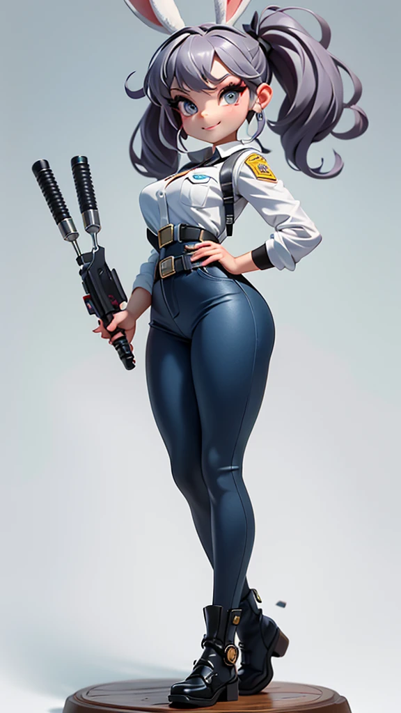 Judy Hopps stands confidently with her back slightly arched, accentuating her round, firm ass. She is wearing her signature ZPD uniform, which clings tightly to her ample curves. Her hips are cocked to one side, and she looks over her shoulder with a playful grin. Her large ears are perked up, and her tail gives a subtle, teasing wiggle. The fabric of her uniform stretches over her muscular thighs, emphasizing the shape of her body.

Judy Hopps is a light grey rabbit with a white underbelly and inner ears. She has large, vibrant purple eyes that are highly expressive, and her long ears are upright with a pinkish interior. She has a strong, athletic build, with particularly muscular legs and thighs, indicating her agility and strength. Standing as a beacon of hope, her presence is both commanding and endearing.

Judy is typically seen wearing her Zootopia Police Department (ZPD) uniform, which consists of:

A dark blue police vest with a ZPD badge prominently displayed on the chest.
A blue long-sleeve undershirt that complements her vest.
Dark blue pants that are practical yet form-fitting, highlighting her athletic build.
A black utility belt equipped with essential police gear, including handcuffs, a flashlight, and other tools.
Knee pads worn over her pants for added protection.
Her uniform is both functional and indicative of her role as a police officer, while her fit and form highlight her dedication to maintaining peak physical condition for her duties.

,Clear outline, 5 fingers, steady hand, highest image quality, clear face, clear background, overall brightness,judyhopps,JudyHopps