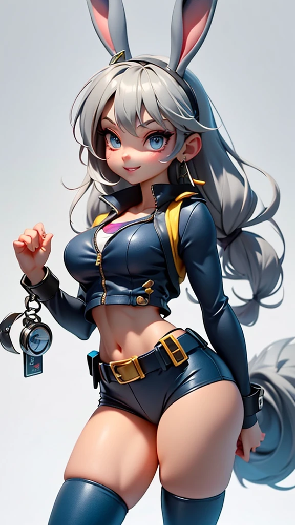 Judy Hopps stands confidently with her back slightly arched, accentuating her round, firm ass. She is wearing her signature ZPD uniform, which clings tightly to her ample curves. Her hips are cocked to one side, and she looks over her shoulder with a playful grin. Her large ears are perked up, and her tail gives a subtle, teasing wiggle. The fabric of her uniform stretches over her muscular thighs, emphasizing the shape of her body.

Judy Hopps is a light grey rabbit with a white underbelly and inner ears. She has large, vibrant purple eyes that are highly expressive, and her long ears are upright with a pinkish interior. She has a strong, athletic build, with particularly muscular legs and thighs, indicating her agility and strength. Standing as a beacon of hope, her presence is both commanding and endearing.

Judy is typically seen wearing her Zootopia Police Department (ZPD) uniform, which consists of:

A dark blue police vest with a ZPD badge prominently displayed on the chest.
A blue long-sleeve undershirt that complements her vest.
Dark blue pants that are practical yet form-fitting, highlighting her athletic build.
A black utility belt equipped with essential police gear, including handcuffs, a flashlight, and other tools.
Knee pads worn over her pants for added protection.
Her uniform is both functional and indicative of her role as a police officer, while her fit and form highlight her dedication to maintaining peak physical condition for her duties.

,Clear outline, 5 fingers, steady hand, highest image quality, clear face, clear background, overall brightness,judyhopps,JudyHopps