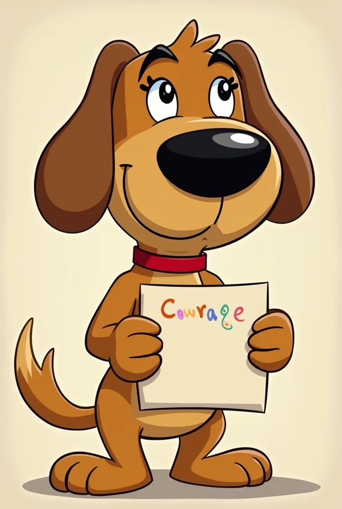 the character Courage from the cartoon called "Courage the Cowardly Dog" holding a sign
