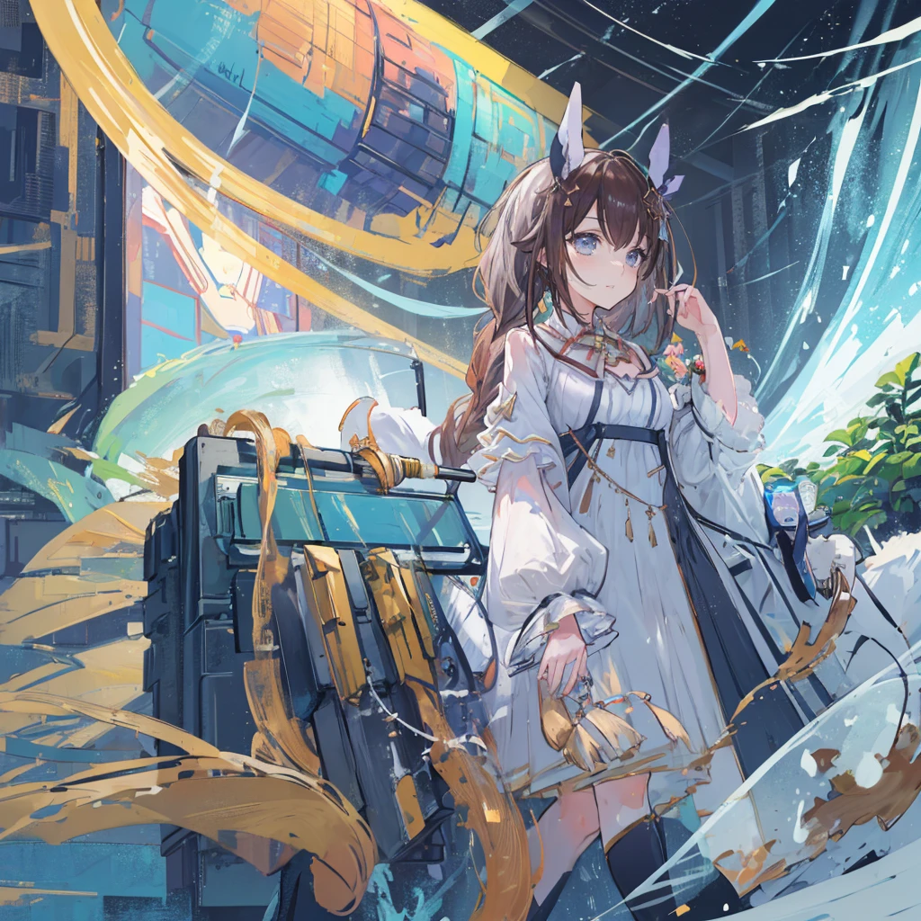 ((masterpiece, best quality)),illustration,Super Fine 8k,Reality,Clear focus,Very detailed,Professional lighting,Colorful Detailed,Extremely long shot of the rainbow-colored BREAK factory,Large machinery construction,Microchip,,Luminescence,Intricate details,Shitu-mecha,1 girl standing in front of the audience,Umbilical cord