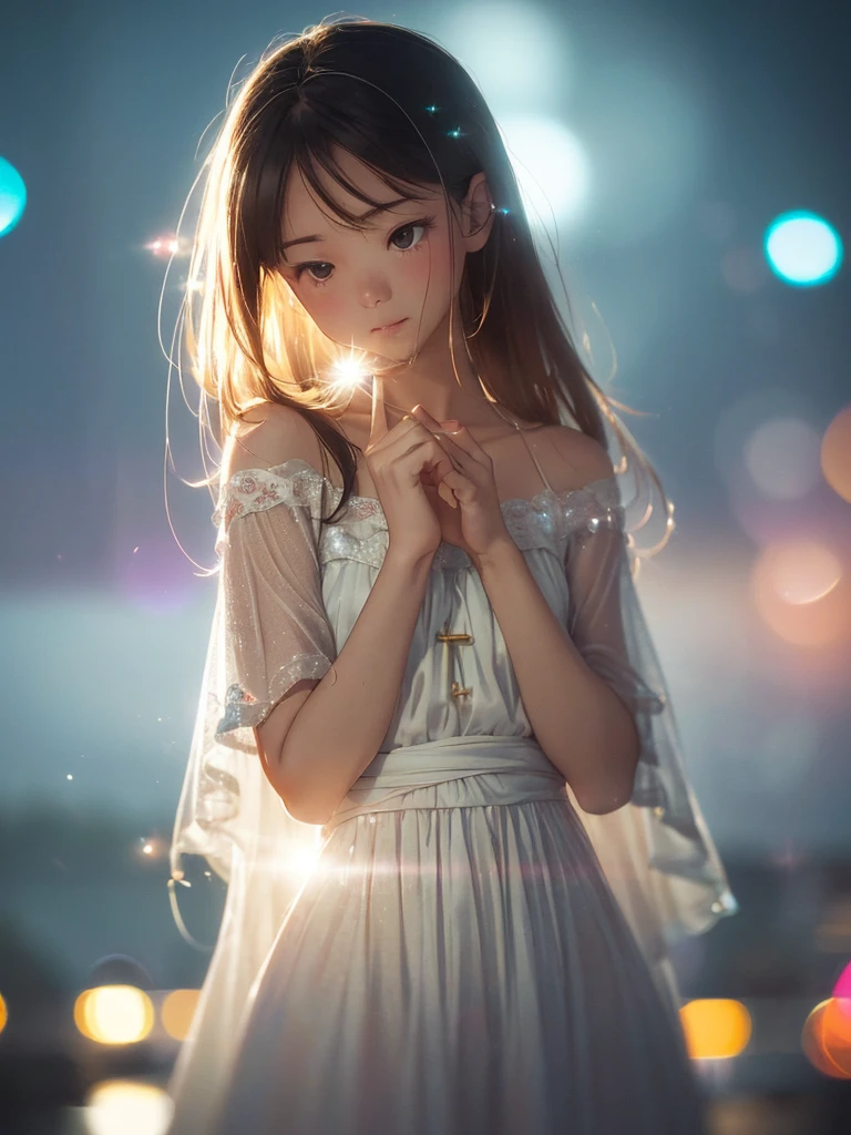 (Sumilux f1.4 24mm , low Latitude old color negative film , cross process , (bokeh), Long exposure , blur , flare, chromatic aberration , soft focus, (Shallow focus) , soft glow , Maximum aperture, high Key , Transparent depiction , Tyndall:1.2)  , Fluffy woman